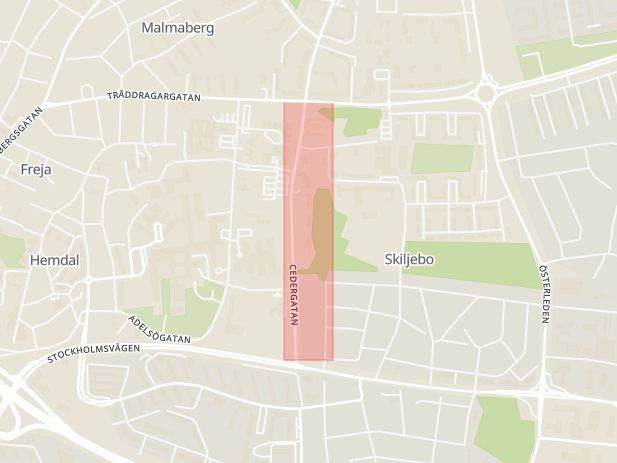 Karta som med röd fyrkant ramar in Cedergatan, Västerås, Västmanlands län
