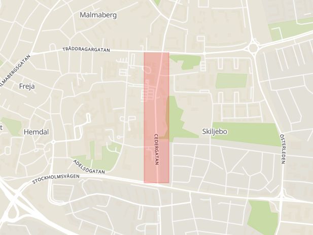 Karta som med röd fyrkant ramar in Cedergatan, Västerås, Västmanlands län