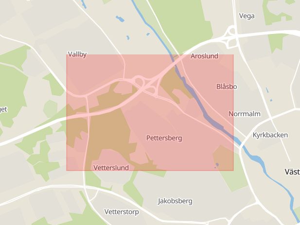 Karta som med röd fyrkant ramar in Pettersberg, Västerås, Västmanlands län