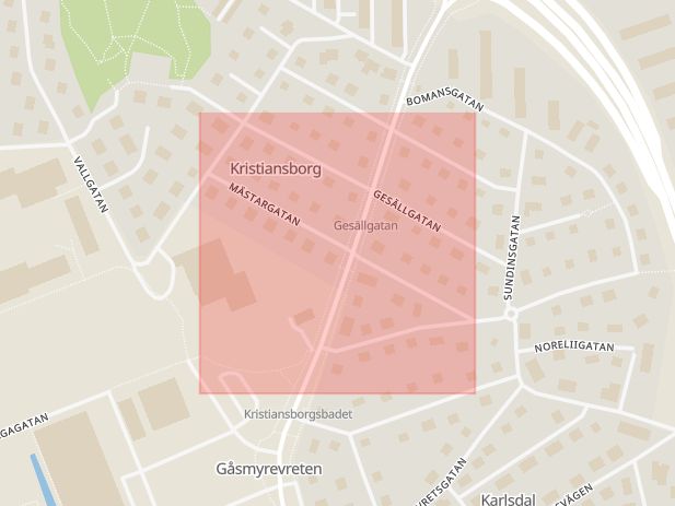 Karta som med röd fyrkant ramar in Kristiansborgsgatan, Mästargatan, Västerås, Västmanlands län