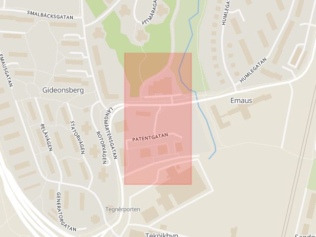 Karta som med röd fyrkant ramar in Patentgatan, Västerås, Västmanlands län
