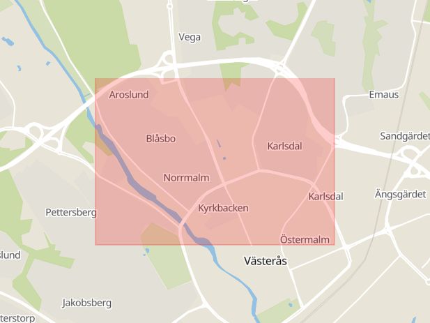 Karta som med röd fyrkant ramar in Gåsmyrevreten, Västerås, Västmanlands län