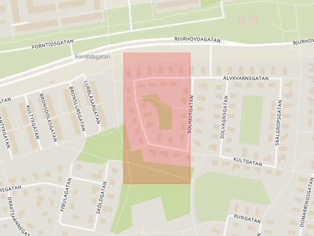 Karta som med röd fyrkant ramar in Hällristargatan, Påskliljegatan, Tallspinnargatan, Västerås, Västmanlands län