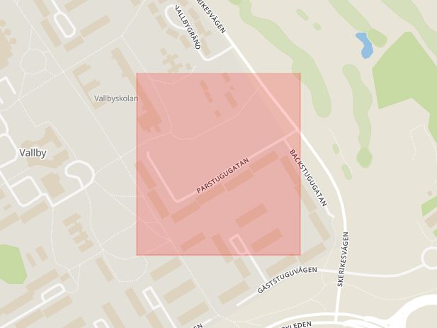 Karta som med röd fyrkant ramar in Parstugugatan, Vallby, Västerås, Västmanlands län
