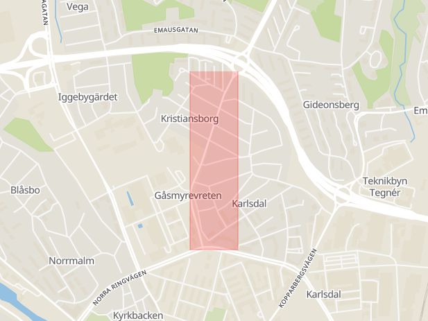 Karta som med röd fyrkant ramar in Kristiansborgsallén, Västerås, Västmanlands län