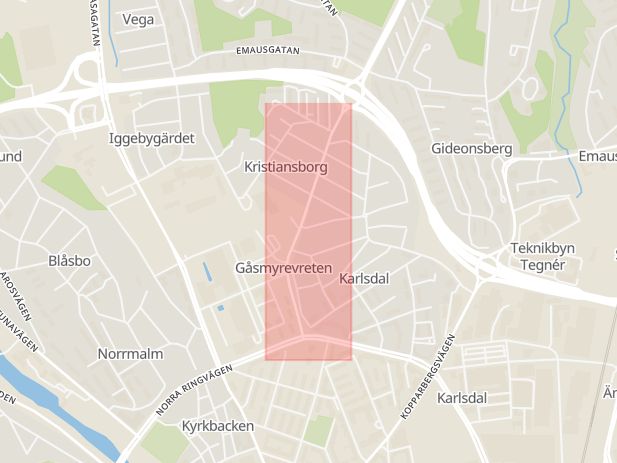 Karta som med röd fyrkant ramar in Kristiansborgsallén, Karlsdal, Västerås, Västmanlands län