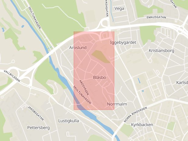 Karta som med röd fyrkant ramar in Arosvägen, Västerås, Västmanlands län