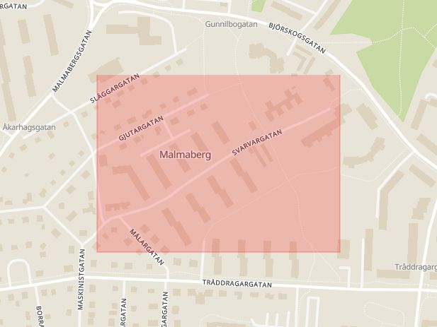 Karta som med röd fyrkant ramar in Svarvargatan, Västerås, Västmanlands län