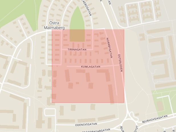 Karta som med röd fyrkant ramar in Kumlagatan, Västerås, Västmanlands län
