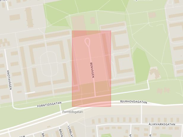 Karta som med röd fyrkant ramar in Benvägen, Västerås, Västmanlands län