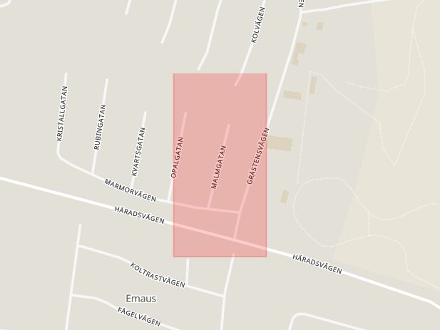 Karta som med röd fyrkant ramar in Malmgatan, Hallstahammar, Västmanlands län