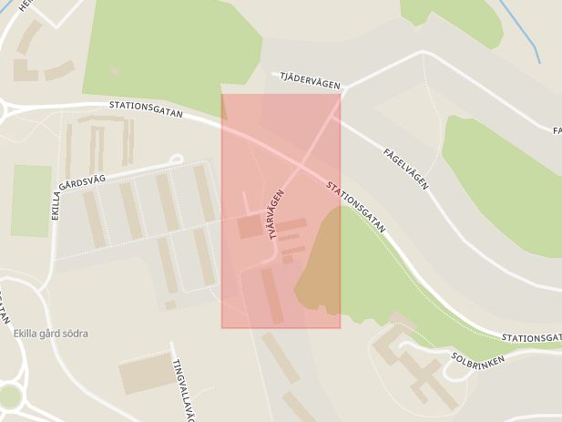 Karta som med röd fyrkant ramar in Tvärvägen, Sigtuna, Stockholms län