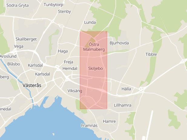 Karta som med röd fyrkant ramar in Österleden, Västerås, Västmanlands län