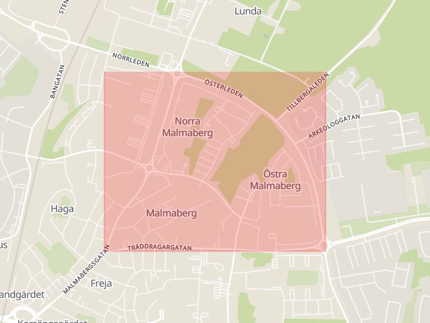 Karta som med röd fyrkant ramar in Östra Malmaberg, Västerås, Västmanlands län