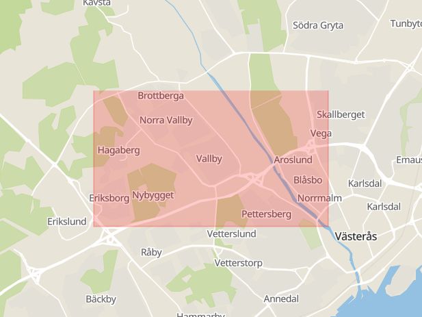 Karta som med röd fyrkant ramar in Vallbyleden, Vallby, Västerås, Västmanlands län