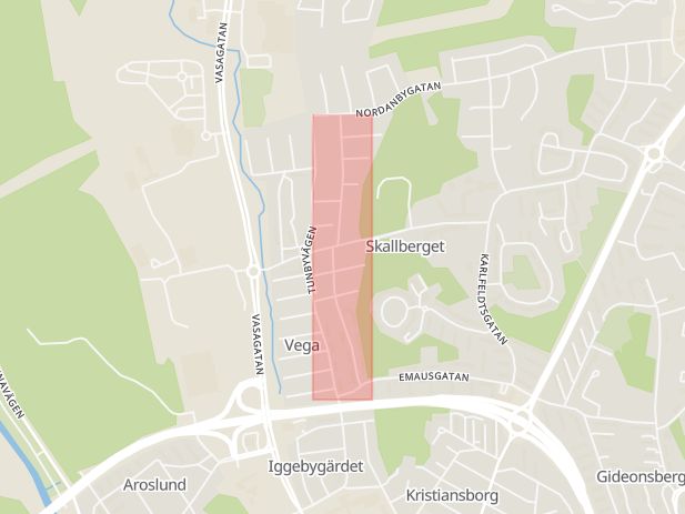Karta som med röd fyrkant ramar in Vegagatan, Västerås, Västmanlands län