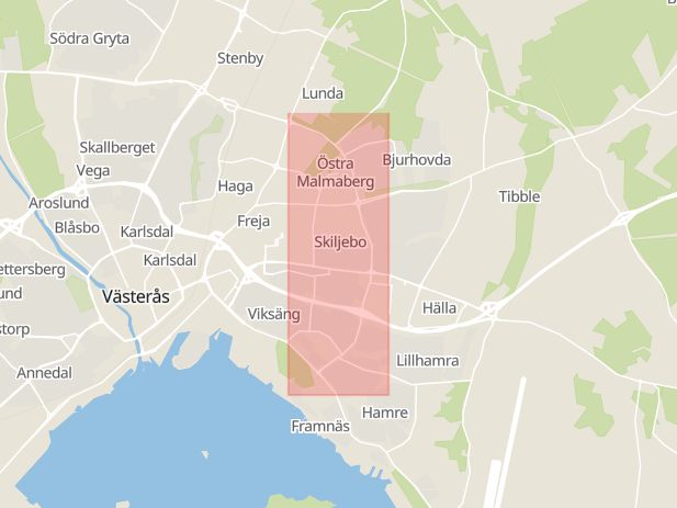 Karta som med röd fyrkant ramar in Österleden, Bjurhovda, Västerås, Västmanlands län