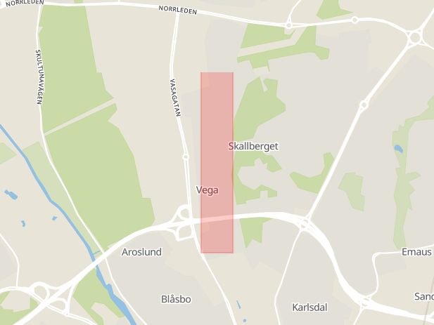 Karta som med röd fyrkant ramar in Tunbyvägen, Vegagatan, Västerås, Västmanlands län