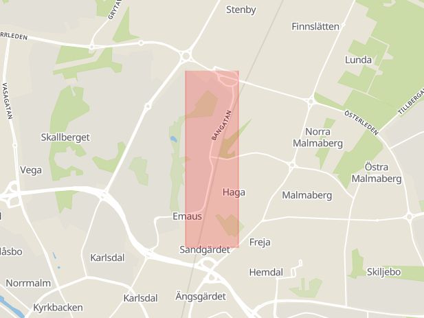 Karta som med röd fyrkant ramar in Bangatan, Västerås, Västmanlands län