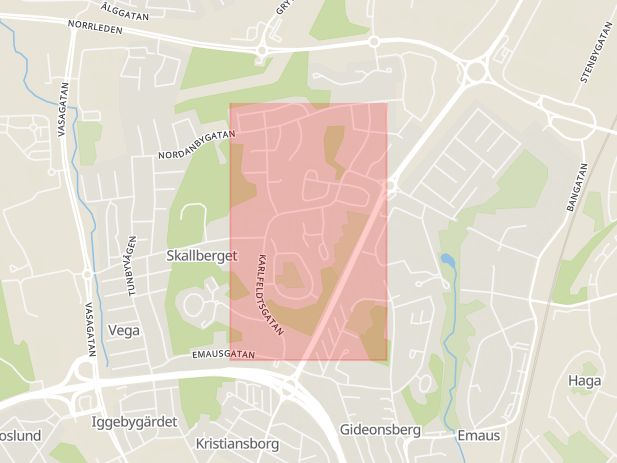 Karta som med röd fyrkant ramar in Karlfeldtsgatan, Västerås, Västmanlands län