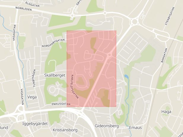 Karta som med röd fyrkant ramar in Karlfeldtsgatan, Rundeln, Västerås, Västmanlands län