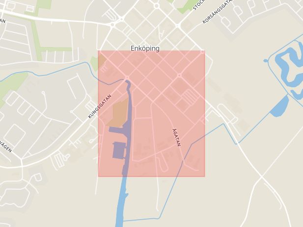 Karta som med röd fyrkant ramar in Ågatan, Fagerskogsgatan, Tornfalksgränd, Enköping, Uppsala län