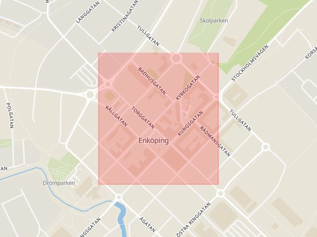 Karta som med röd fyrkant ramar in Kyrkogatan, Enköping, Uppsala län