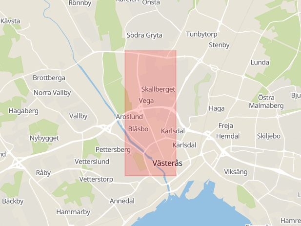 Karta som med röd fyrkant ramar in Vasagatan, Västerås, Västmanlands län