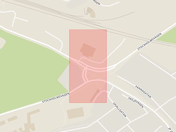 Karta som med röd fyrkant ramar in Bangårdsgatan, Stockholmsvägen, Enköping, Uppsala län