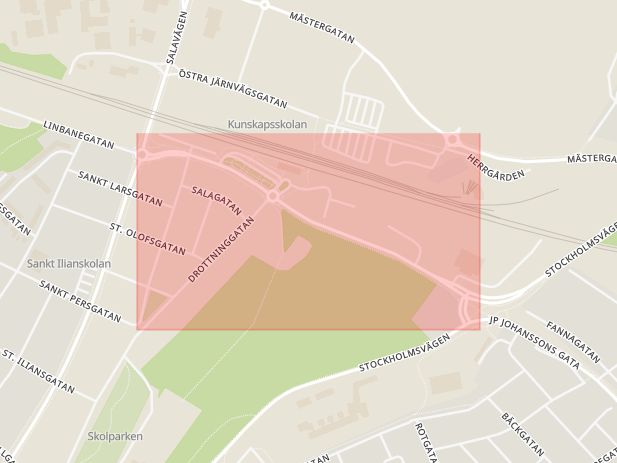 Karta som med röd fyrkant ramar in Bangårdsgatan, Enköping, Uppsala län