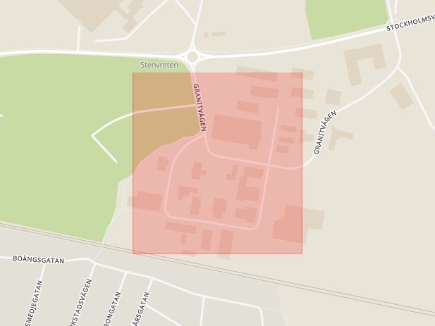 Karta som med röd fyrkant ramar in Kvartsgatan, Enköping, Uppsala län