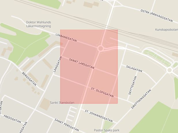 Karta som med röd fyrkant ramar in Sankt Larsgatan, Enköping, Uppsala län