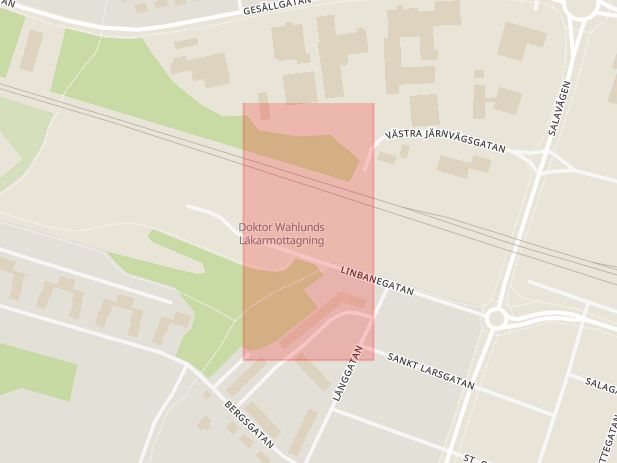 Karta som med röd fyrkant ramar in Linbanegatan, Bilia, Enköping, Uppsala län