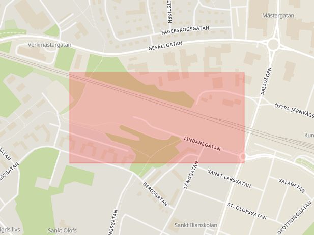 Karta som med röd fyrkant ramar in Linbanegatan, Enköping, Uppsala län