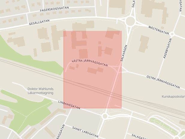 Karta som med röd fyrkant ramar in Västra Järnvägsgatan, Fisk, Enköping, Uppsala län