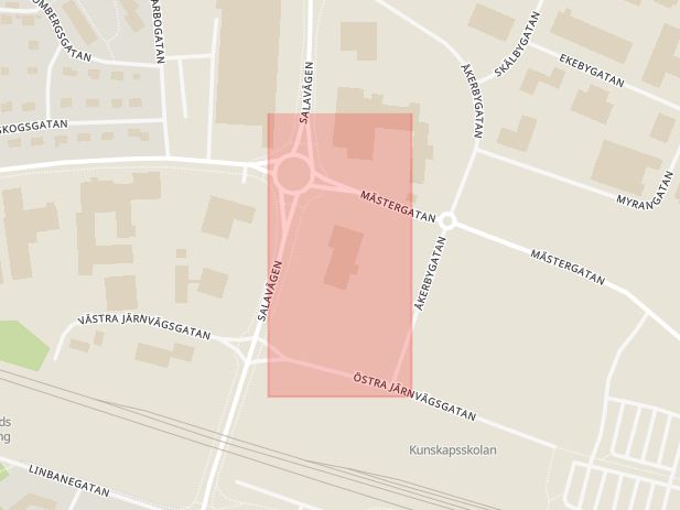Karta som med röd fyrkant ramar in Sankt Olofsgatan, Mästergatan, Enköping, Uppsala län