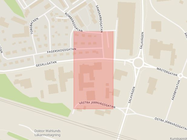 Karta som med röd fyrkant ramar in Gesällgatan, Enköping, Västerås, Uppsala län