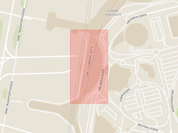 Karta som med röd fyrkant ramar in Arlanda, Sky City, Sigtuna, Stockholms län
