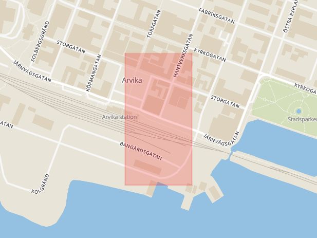 Karta som med röd fyrkant ramar in Hantverksgatan, Järnvägsgatan, Arvika, Värmlands län