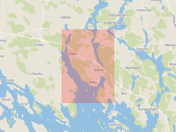 Karta som med röd fyrkant ramar in Stockholm, Danderyds Kommun, Bålsta, Enköping, Uppsala, Västmanlands Län, Uppsala län