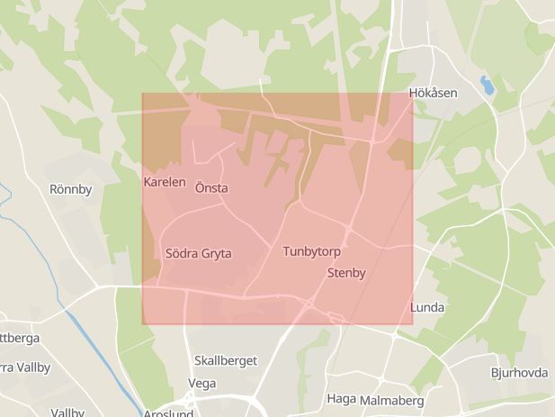 Karta som med röd fyrkant ramar in Önsta Centrum, Västerås, Västmanlands län