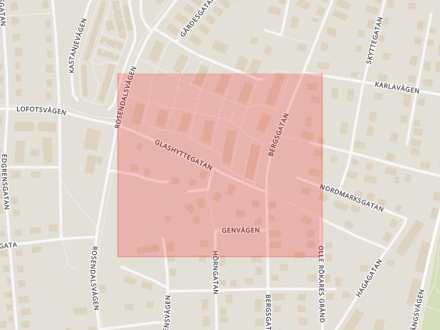 Karta som med röd fyrkant ramar in Glashyttegatan, Arvika, Värmlands län