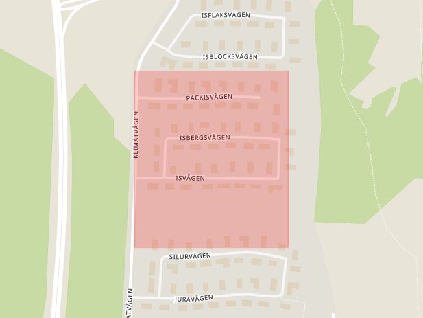 Karta som med röd fyrkant ramar in Isvägen, Västerås, Västmanlands län