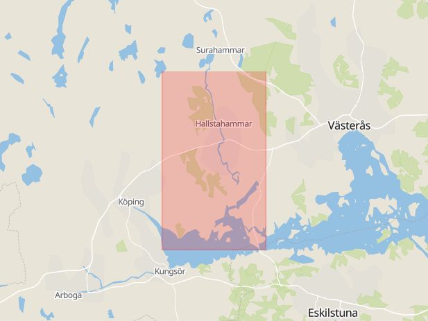 Karta som med röd fyrkant ramar in Hallstahammar, Västerås, Västmanlands län