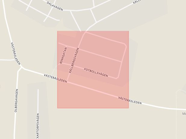 Karta som med röd fyrkant ramar in Fotbollsvägen, Surahammar, Västmanlands län