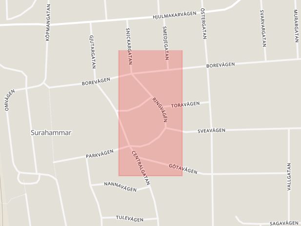Karta som med röd fyrkant ramar in Köping, Parkvägen, Kolsva, Norberg, Folkets Park, Ringvägen, Borgmästaregatan, Surahammar, Jädersbruk, Västmanlands län