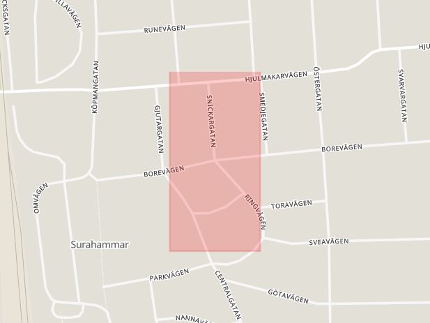 Karta som med röd fyrkant ramar in Ringvägen, Borevägen, Murargatan, Surahammar, Västmanlands län
