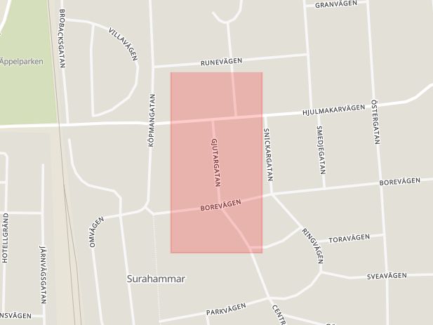 Karta som med röd fyrkant ramar in Hjulmakargatan, Gjutaregatan, Surahammar, Västmanlands län