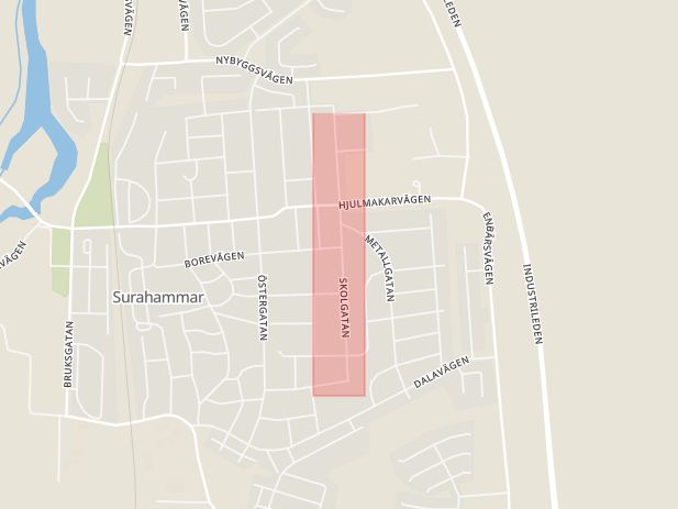 Karta som med röd fyrkant ramar in Skolgatan, Surahammar, Västmanlands län