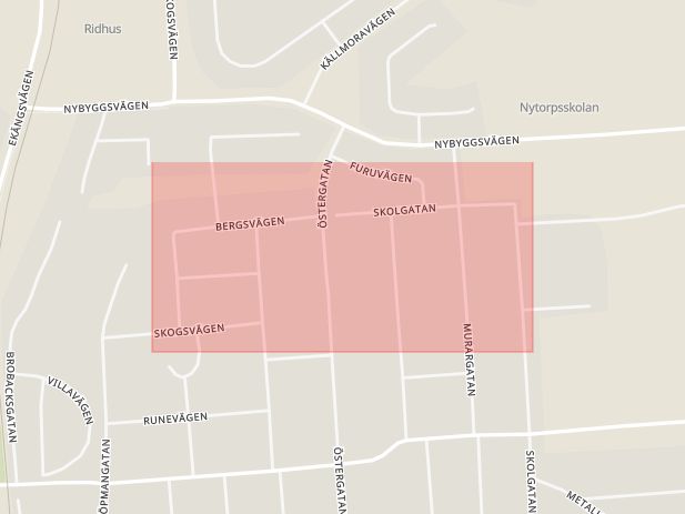 Karta som med röd fyrkant ramar in Hjulmakargatan, Bergsvägen, Surahammar, Västmanlands län